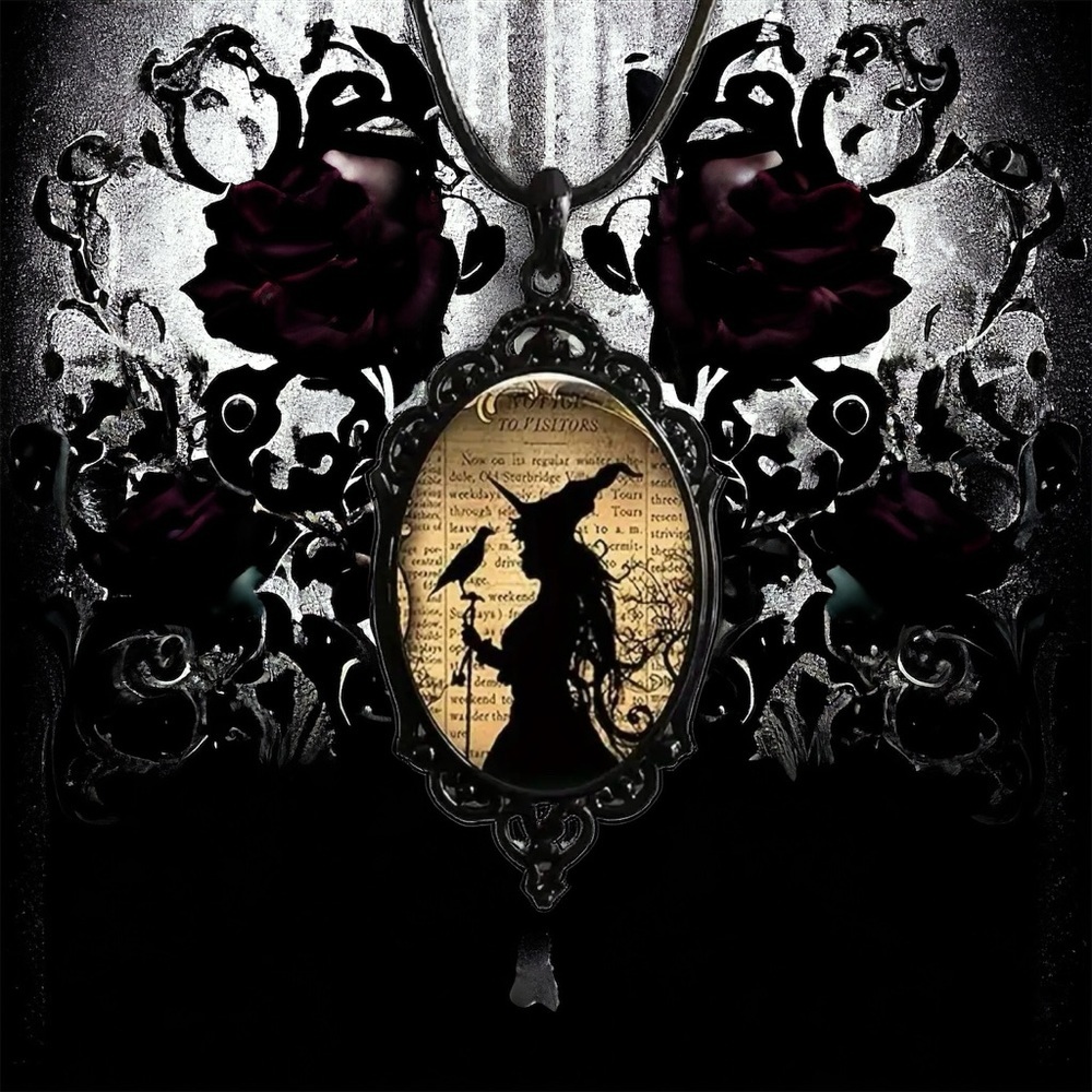 Witch And Raven Cameo Black Pendant, Vintage Style Gothic Crow Glass‎ Pendant